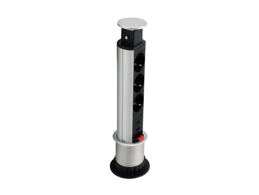 Regleta para mesa tres tomas de enchufe schuko + 2 puertos alimentacion USB con interruptor aluminio cable 1.5 metros