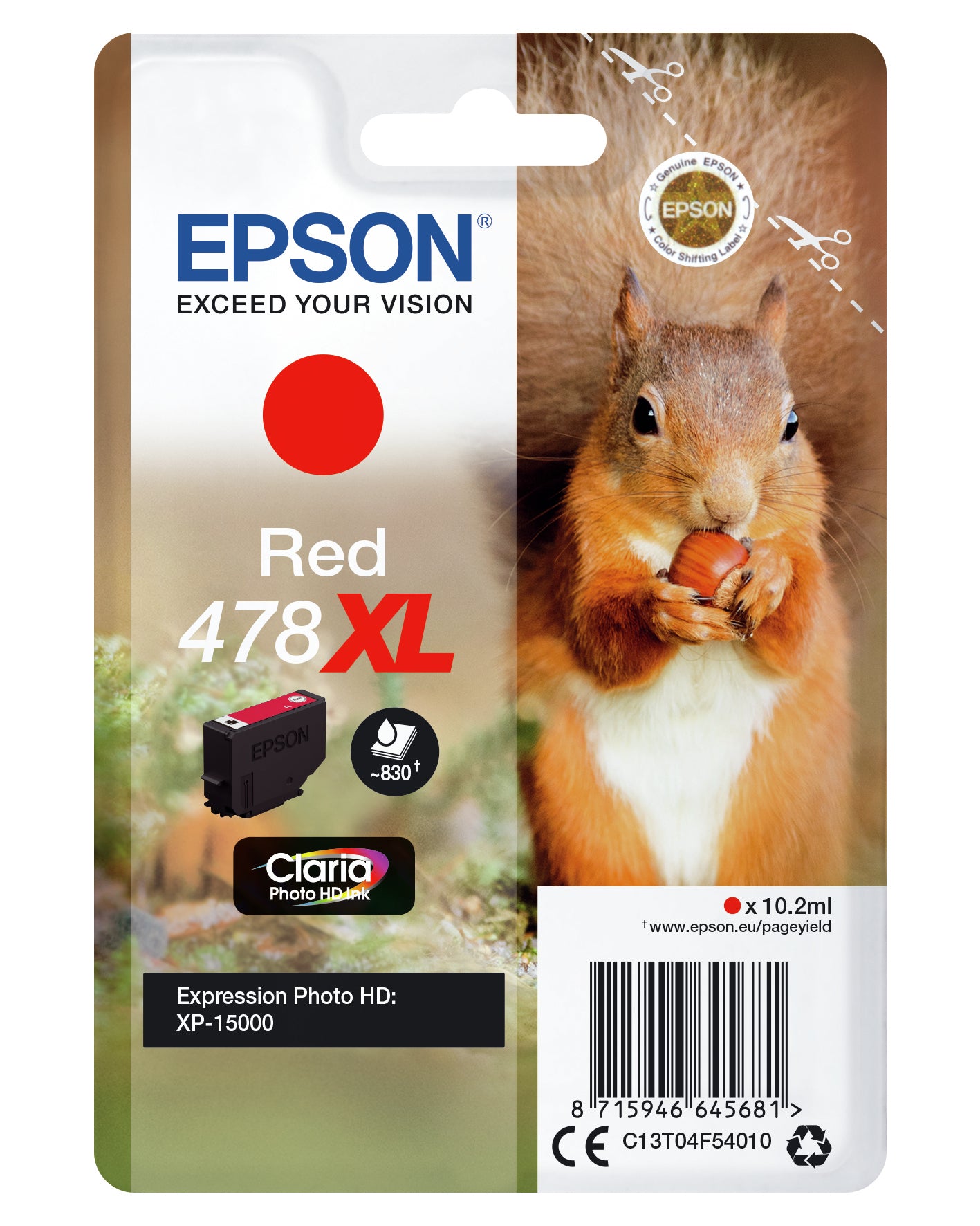 Epson 478XL Rojo Cartucho de Tinta Original - C13T04F54010. 830 Paginas