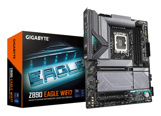Z890 Eagle Wifi 7 G10 Motherboard Intel LGA 1851 Compatible with Intel Core Ultra CPUs (2nd series) 4xDDR5 up to 8800Mhz 4xM.2 4 x SATA 6Gb/s Raid 0, 1,5 and 10 Ethernet 2.5gbe HDMI 2xDisplayport Wifi 7 4 +2i USB 2.0 5+1i x USB 3.2 2x USB-C Thunderbolt