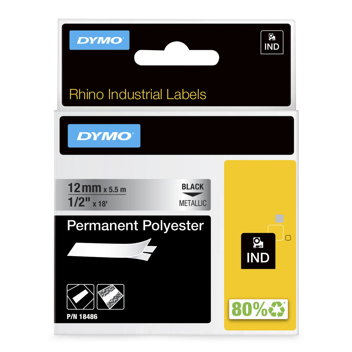 Dymo Rhino ID1-12 Cinta de Etiquetas Original para Rotuladora - Texto Negro sobre Fondo Plata - Ancho 12mm x 5.5 metros - 18486. 9mm * 5.5m (DY18486)