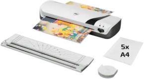 Plastificadora inspire+ a4 + recortadora de esquinas + cizalla + paquete de cinco bolsas de plastificacion a4 velocidad 250mm/min calentamiento 4 minutos ajuste adicional frio grueso de bolsa 75 y 125 micras color blanco