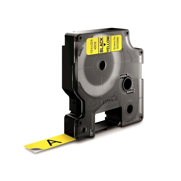 Dymo LM D1 45018 Cinta de Etiquetas Original para Rotuladora - Texto Negro sobre Fondo Amarillo - Ancho 12mm x Largo 7m