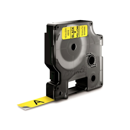 Dymo LM D1 45018 Cinta de Etiquetas Original para Rotuladora - Texto Negro sobre Fondo Amarillo - Ancho 12mm x Largo 7m