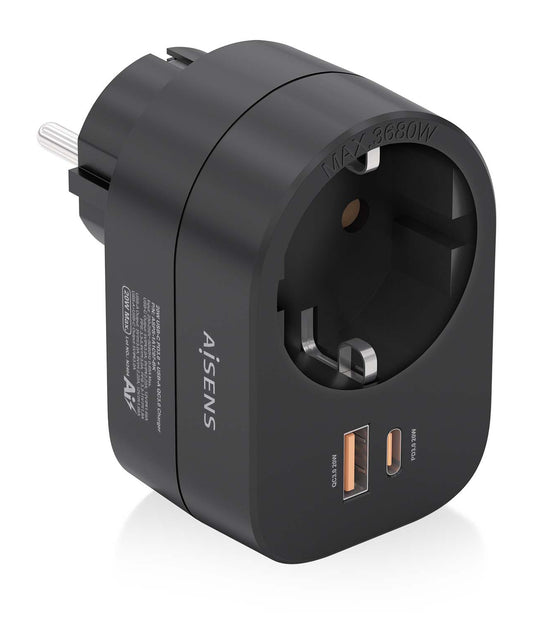 AISENS 1 Socket 1 USB-C 1 USB-A Plug (ASPS-1A1C07-BK)