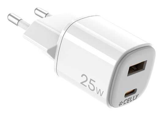 CELLY USB-A USB-C 25W White Charger (UPTC1USB1USBC25)