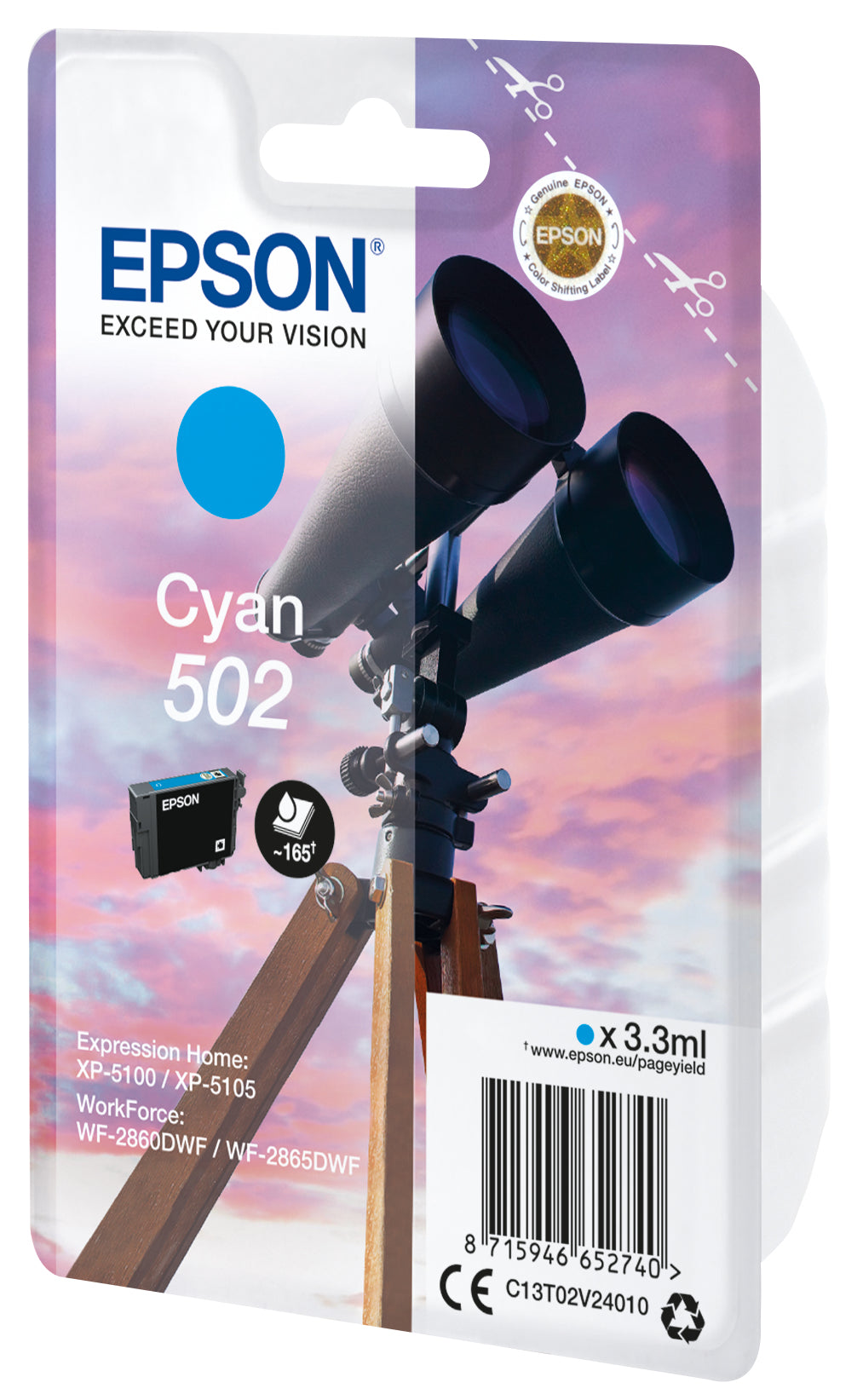 Epson 502 Cyan Original Ink Cartridge - C13T02V24010. 165 Pages