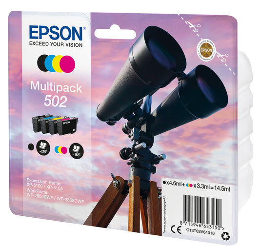Epson 502 Pack de 4 Cartuchos de Tinta Originales - C13T02V64010. 1x 210 Paginas / 3x 165 Paginas