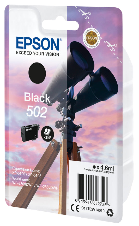 Epson 502 Black Original Ink Cartridge - C13T02V14010. 210 Pages