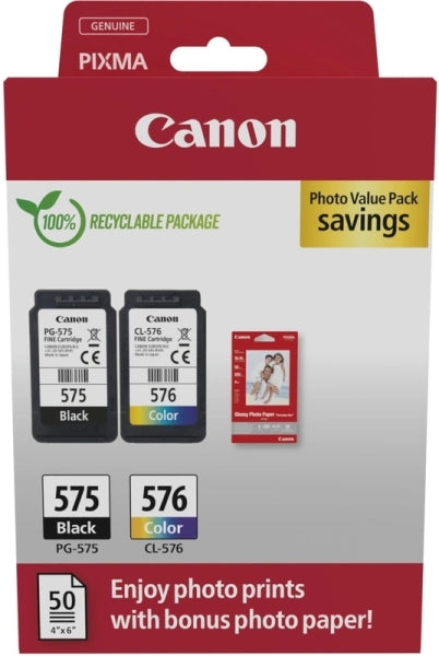 Canon PG575/CL576 Pack de 2 Cartuchos de Tinta Originales + 50 Hojas de Papel Fotografico - 5438C004