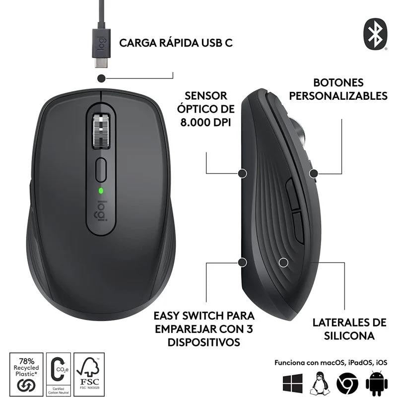 RATON LOGITECH MX ANYWHERE 3S WIRELESS BT 8000DPI 6 BOTONES BLACK