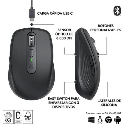 RATON LOGITECH MX ANYWHERE 3S WIRELESS BT 8000DPI 6 BOTONES BLACK