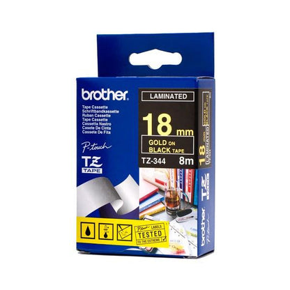Brother Cinta laminada texto oro sobre fondo negro ancho 18mm bobina 8 metros (TZ-344)
