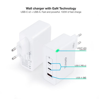 CARGADOR DE PARED TOOQ 100W USB-A/QC+ 2XUSB-C/PD WHITE
