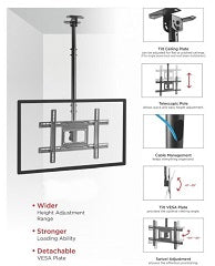 Soporte de monitor/tv para techo ajustable de 922mm hasta 1792mm desde 32' hasta 70' inclinacion y giro VESA 400x400 hasta 50kg negro