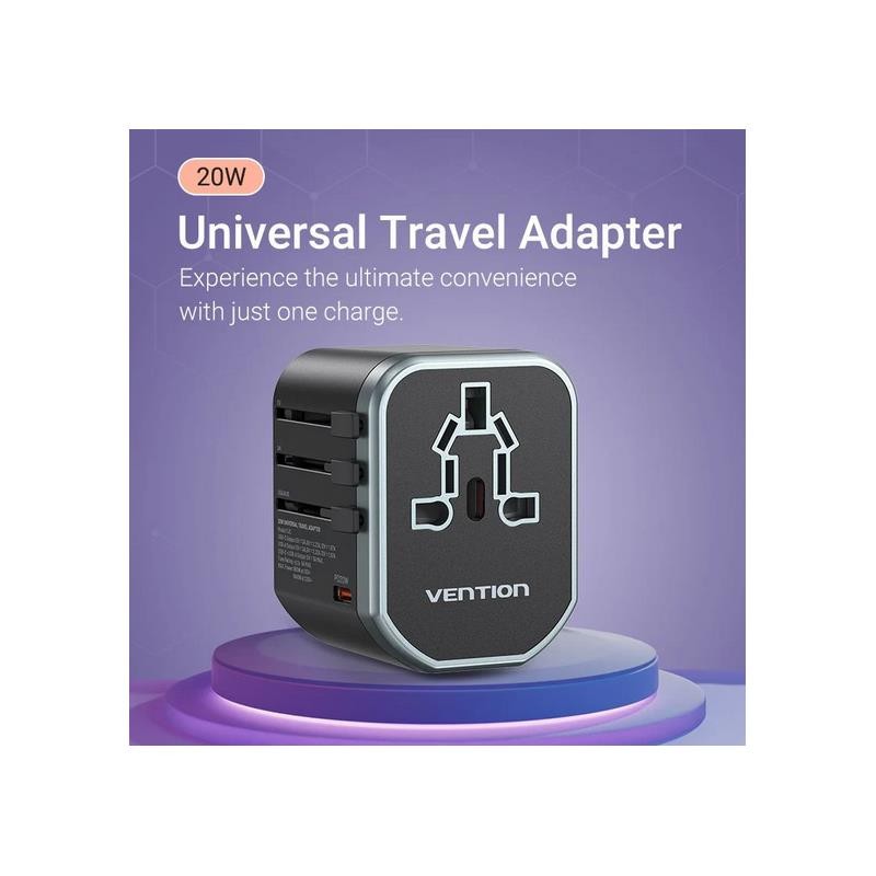 CARGADOR DE PARED VENTION UNIVERSAL USB-C 2XUSB-A 20W