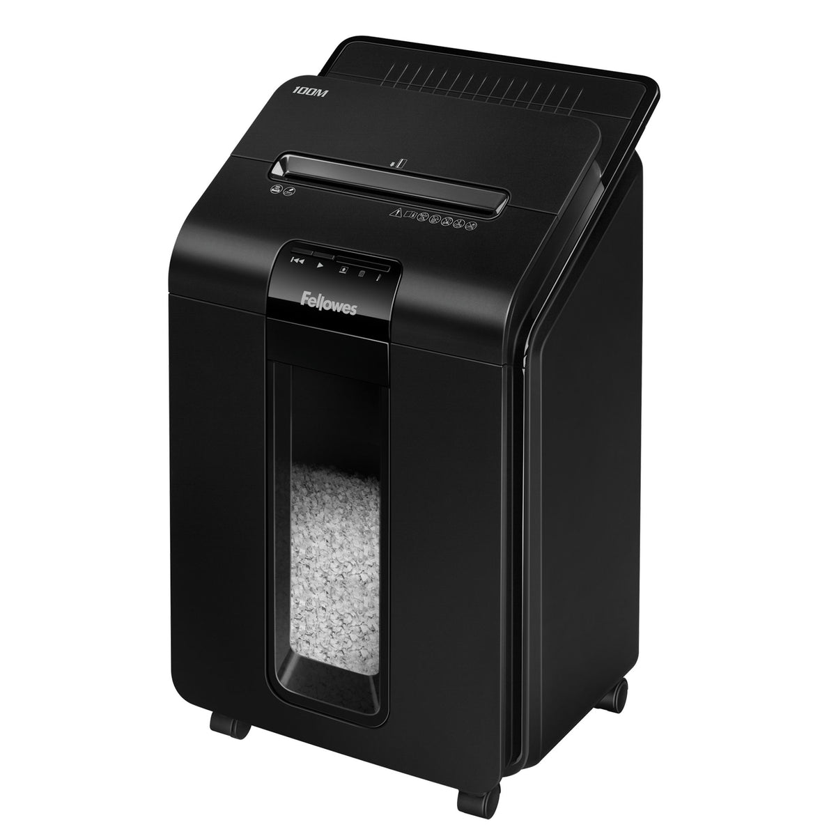 Fellowes destructora automax 100m capacidad de 100 hojas automatica y 10 hojas manual tipo corte en minicorte 4x10mm nivel de seguridad p-4 ciclo de trabajo de 15 minutos con 35 minutos de enfriamiento destruye grapas tarjetas de credito y clips peso 14kg
