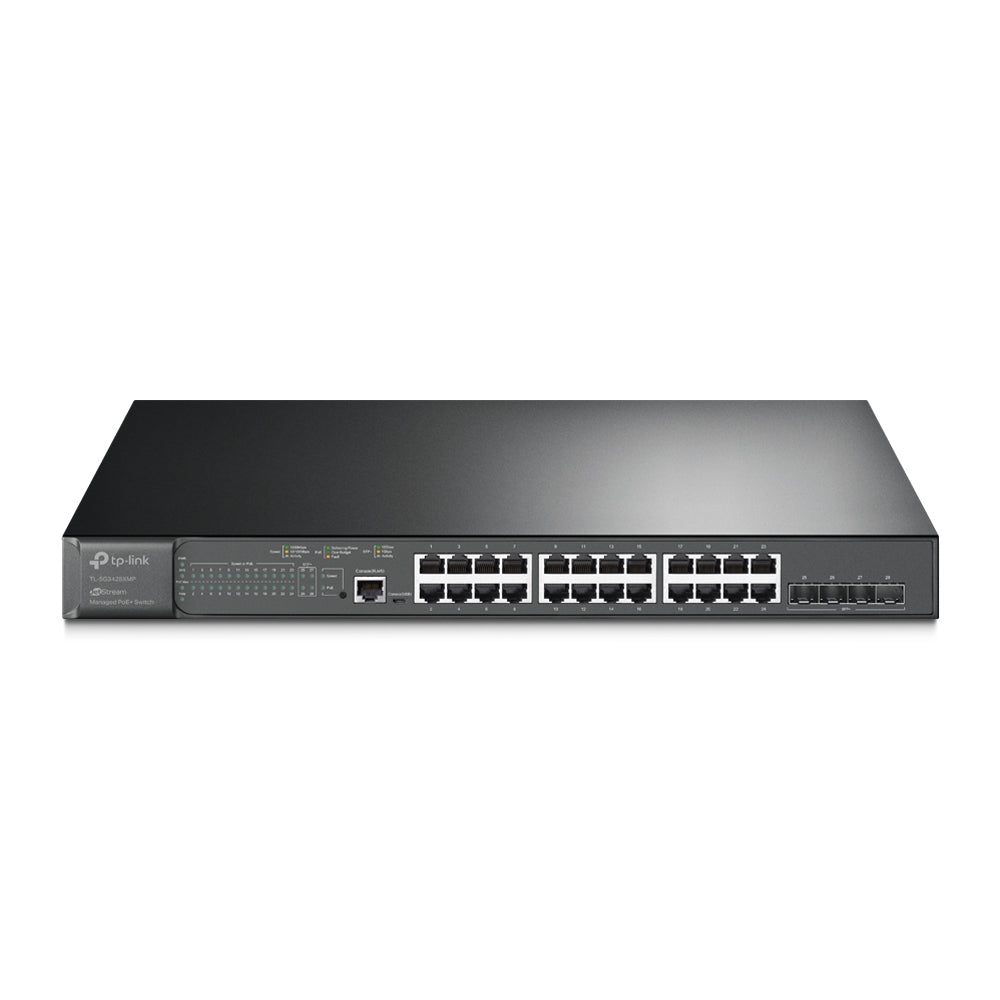 TP-Link Switch 24 puertos RJ45 10/100/1000mbps POE l2+ jetstream + 4 puertos 10gesfp+ sobremesa, montaje en rack (TL-SG3428XMP)