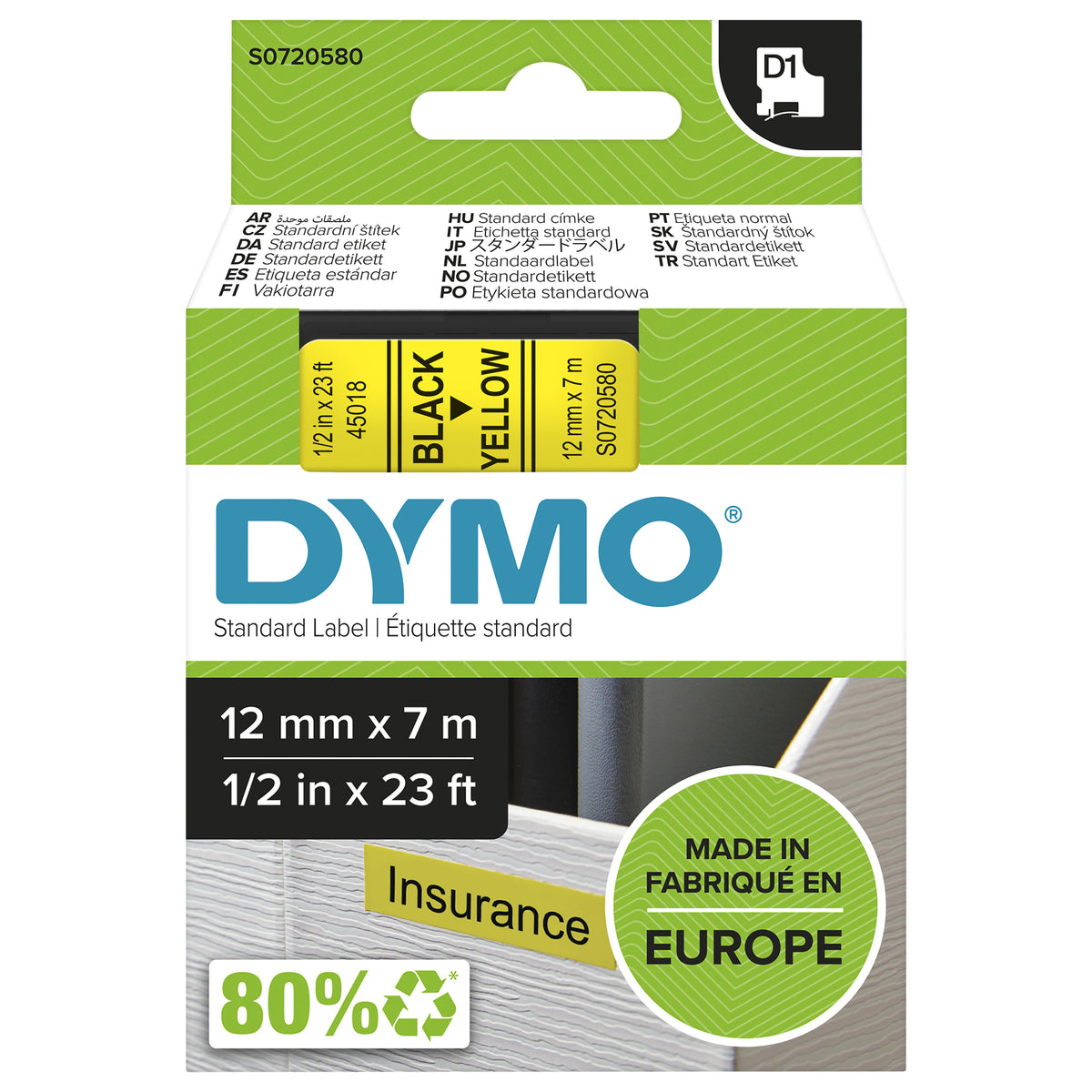 Dymo LM D1 45018 Cinta de Etiquetas Original para Rotuladora - Texto Negro sobre Fondo Amarillo - Ancho 12mm x Largo 7m (S0720580)