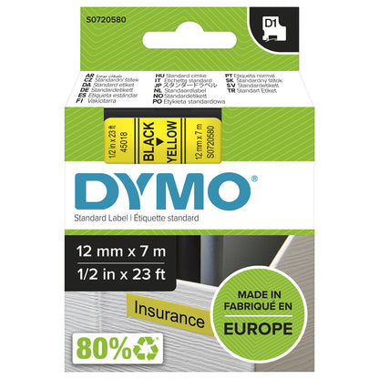 Dymo LM D1 45018 Cinta de Etiquetas Original para Rotuladora - Texto Negro sobre Fondo Amarillo - Ancho 12mm x Largo 7m (S0720580)