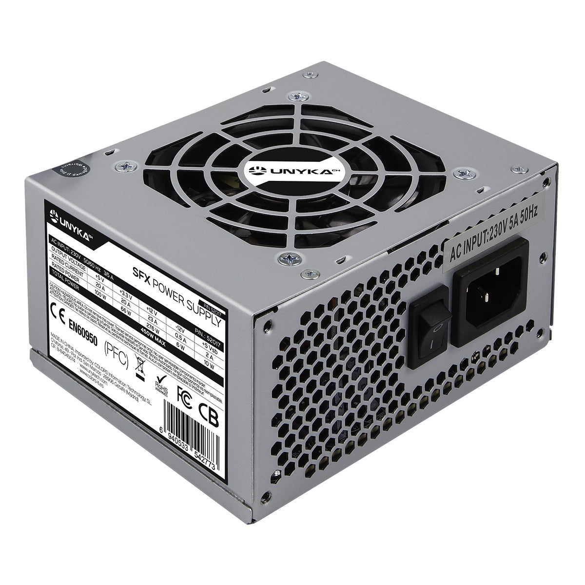 fuente de alimentacion 450w unykach sfx ventilador 80mm silencioso 20+4pin cpu 4pin hdd 1x4pin 2xsata 2xpata dimensiones 100 (l) x 125 (w) x 65 (h) mm (52017)