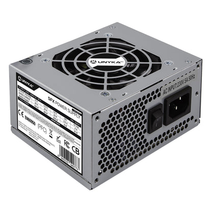 fuente de alimentacion 450w unykach sfx ventilador 80mm silencioso 20+4pin cpu 4pin hdd 1x4pin 2xsata 2xpata dimensiones 100 (l) x 125 (w) x 65 (h) mm (52017)