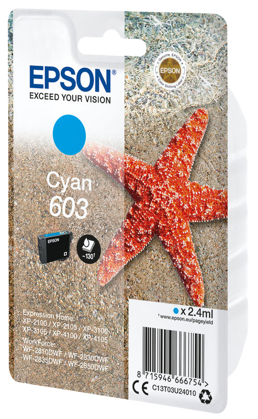 Epson 603 Cyan Cartucho de Tinta Original - C13T03U24010. 130 Paginas
