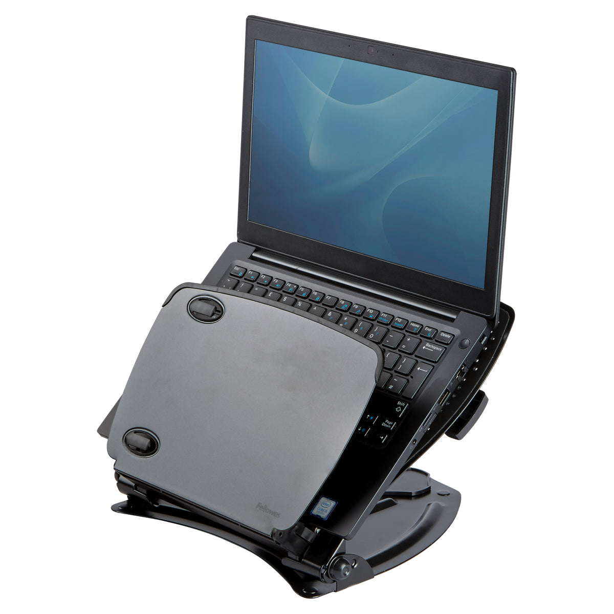 Fellowes soporte elevador de portatil professional series para mesa soporta portatiles hasta 17' o 6kg regulable en altura desde 85mm hasta 245mm atril con clip para documentos 4 puertos usb 2.0 ranuras de ventilacion se puede plegar para ser transportado