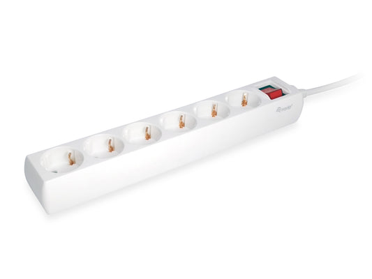 Power strip with six Schuko sockets, switch, child protection, and 1.5-meter white cable