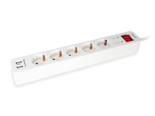 Power strip, five Shuko outlets with surge protection + 2 USB power ports with switch, 1.5-meter cable, white