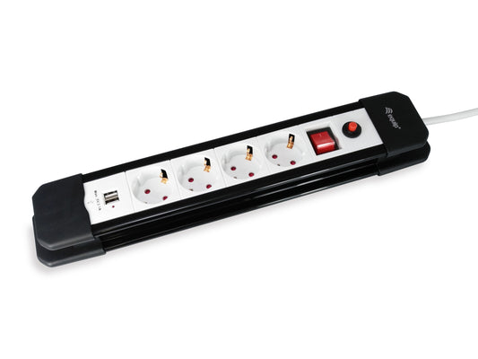 Power strip, four Schuko outlets, surge protection + 2 USB power ports with switch, 1.5-meter cable