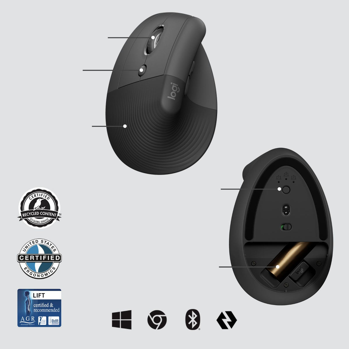 Ratón Vertical LOGITECH Lift RF BT Grafito