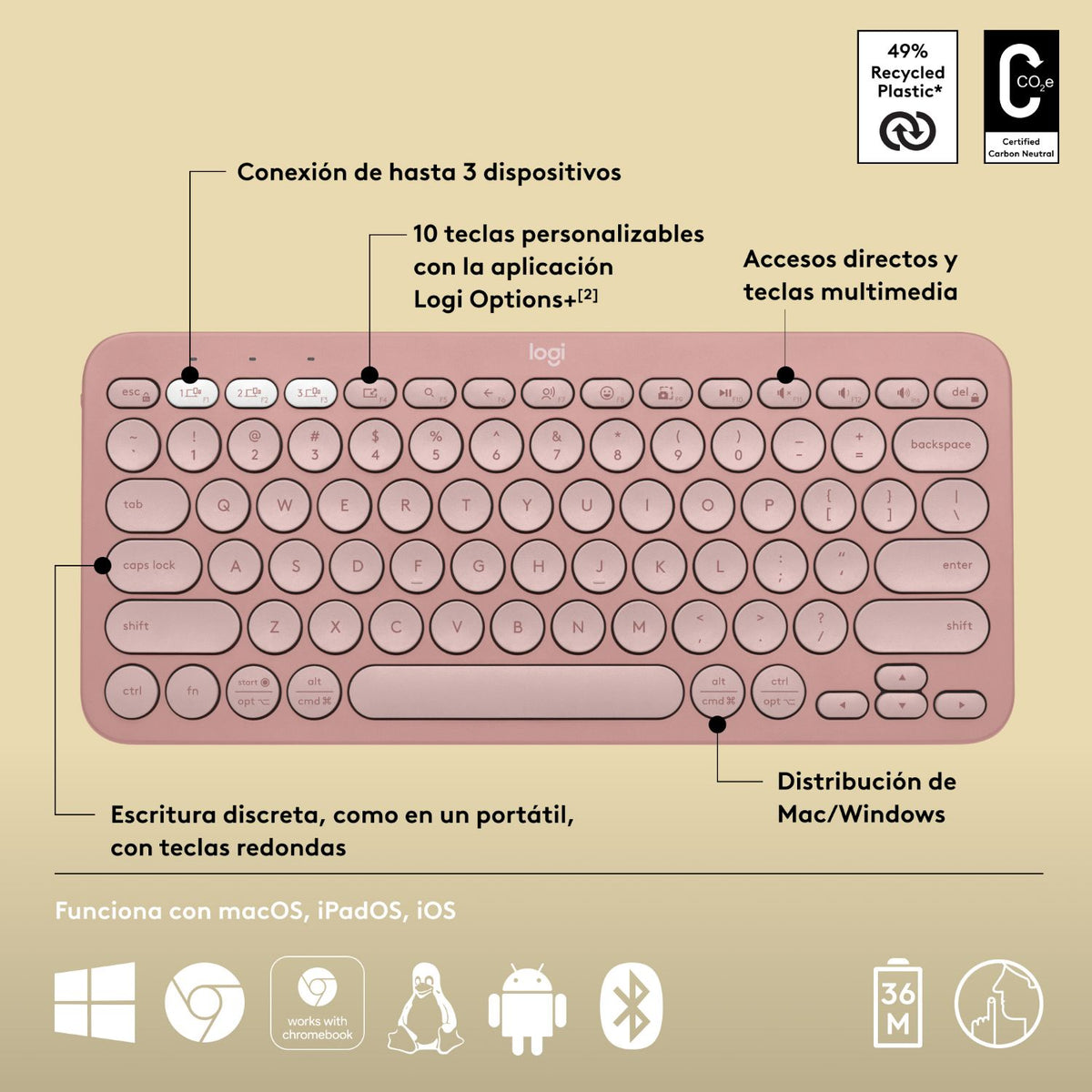 Teclado LOGITECH K380s BT Rosa (920-011829)