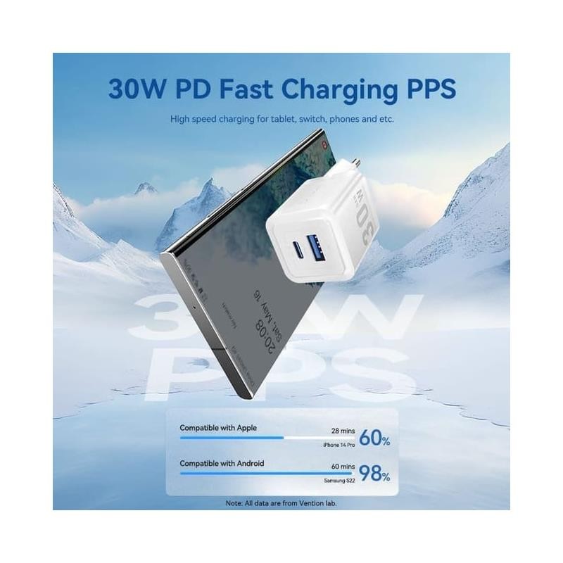 CARGADOR DE PARED VENTION GAN USB-C USB-A 30W WHITE