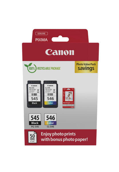 Tinta pg-545 + cl-546 photo value pack (negro, amarillo, cian y magenta) + 50 hojas 10x15