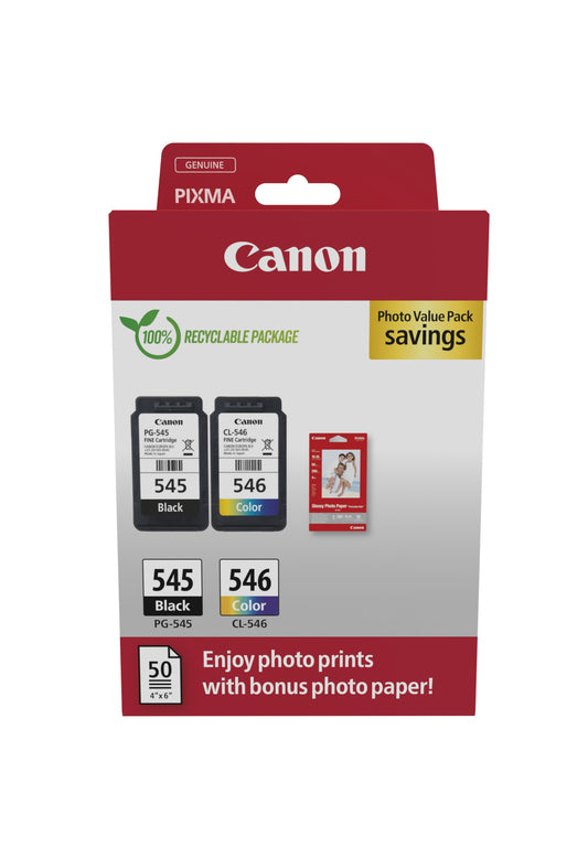 Tinta pg-545 + cl-546 photo value pack (negro, amarillo, cian y magenta) + 50 hojas 10x15