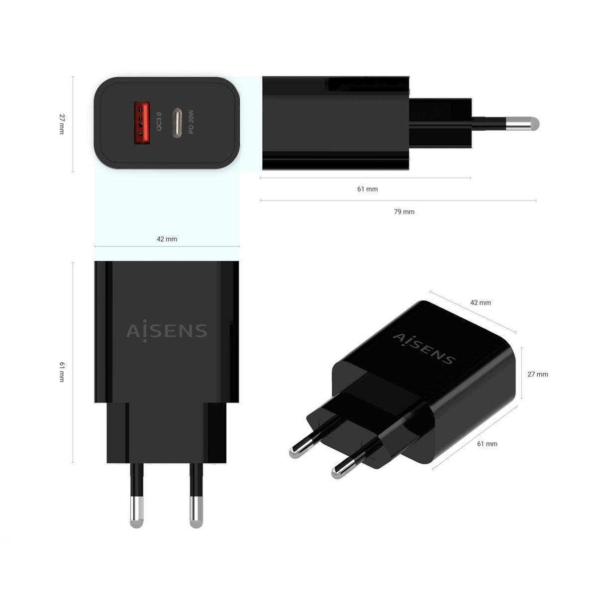 Cargador de Pared AISENS 20W USB-A/C Negro (A110-0682)
