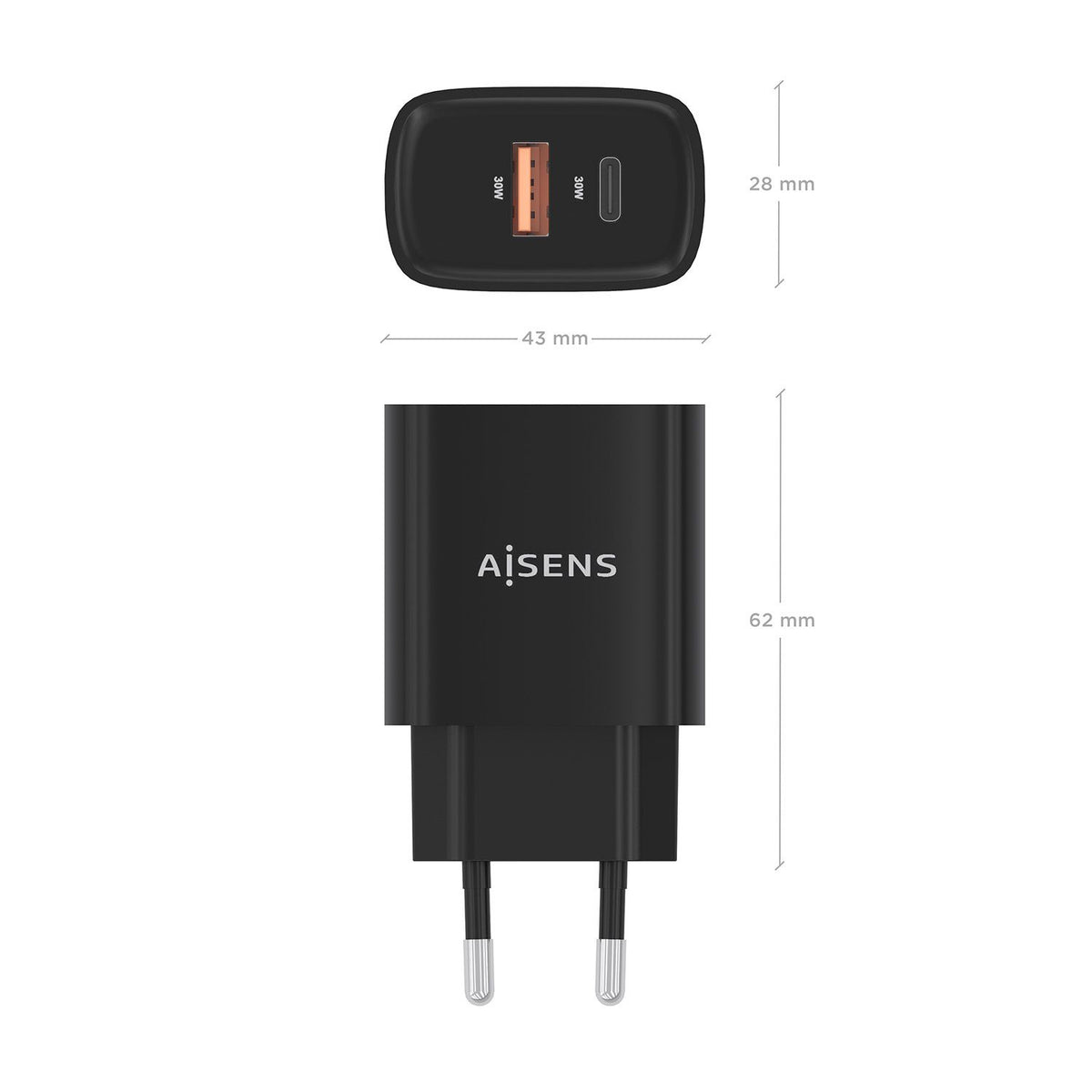 Cargador de Pared AISENS 30W USB-A/C Negro (A110-0953)