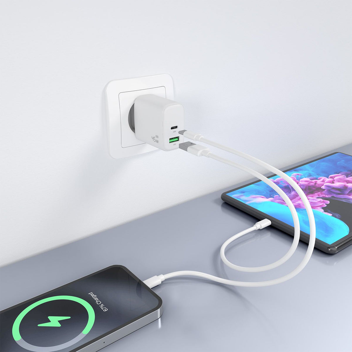 Cargador Pared AISENS 45W USB-A USB-C Blanco(A110-0971)