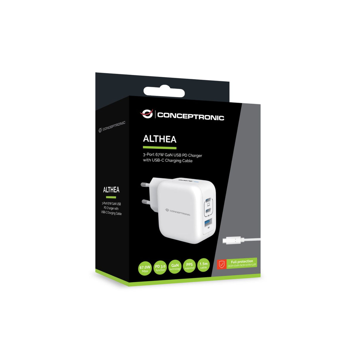 Cargador CONCEPTRONIC USB-A/C 67W Blanco (ALTHEA17W)