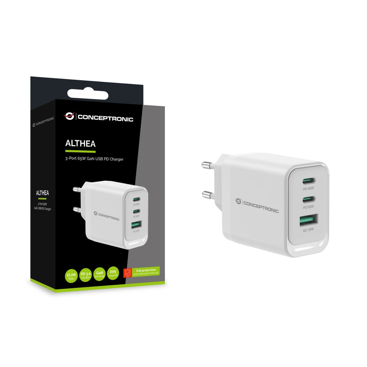 Cargador CONCEPTRONIC USB-A/C 65W PD 3.0 (ALTHEA21W65)