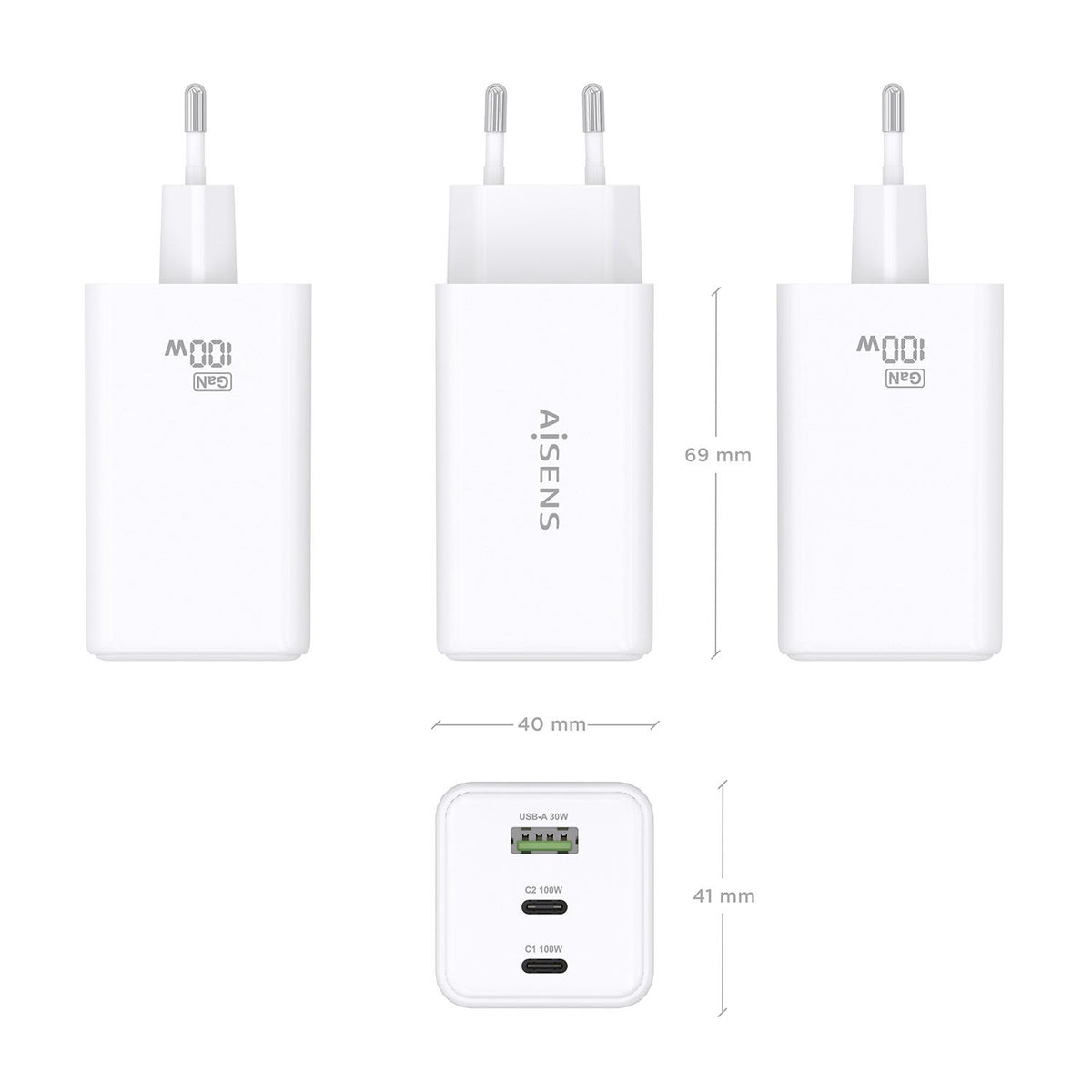 Cargador AISENS 100W 1xUSB-A 2xUSB-C (ASCH-100W3P051-W)