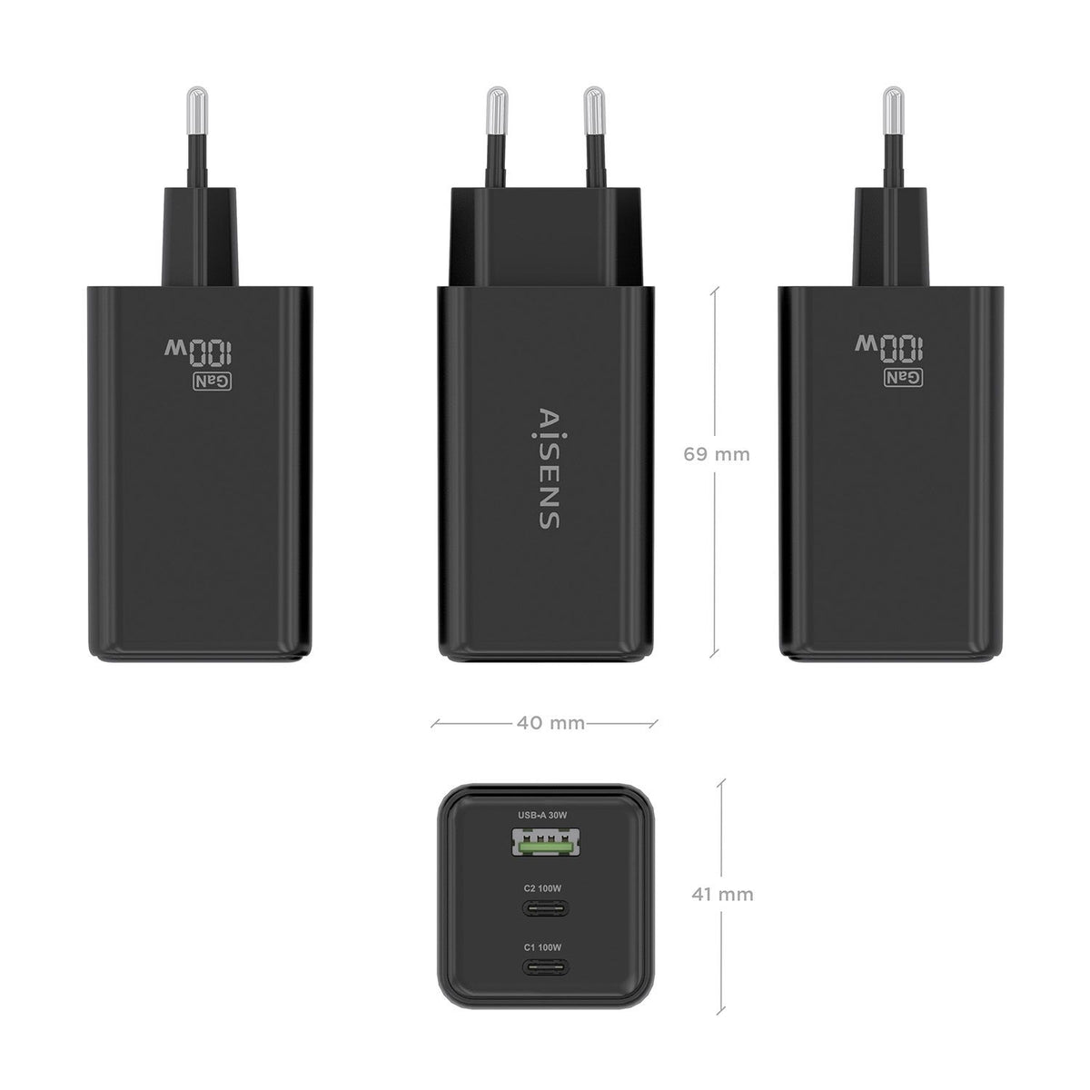 Cargador AISENS 100W 1xUSB-A 2USB-C (ASCH-100W3P052-BK)