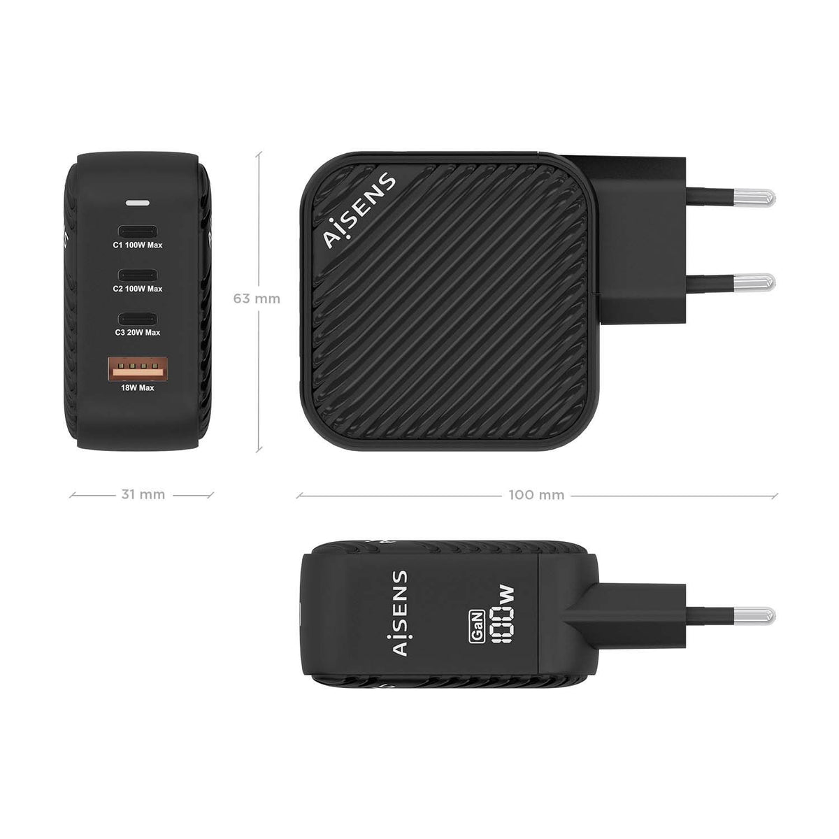 Cargador Pared AISENS 1USB-A 3USB-C (ASCH-100W4P029-BK)