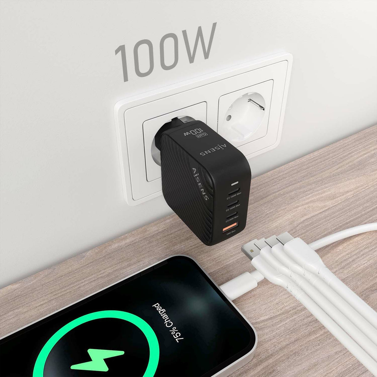 Cargador Pared AISENS 1USB-A 3USB-C (ASCH-100W4P029-BK)