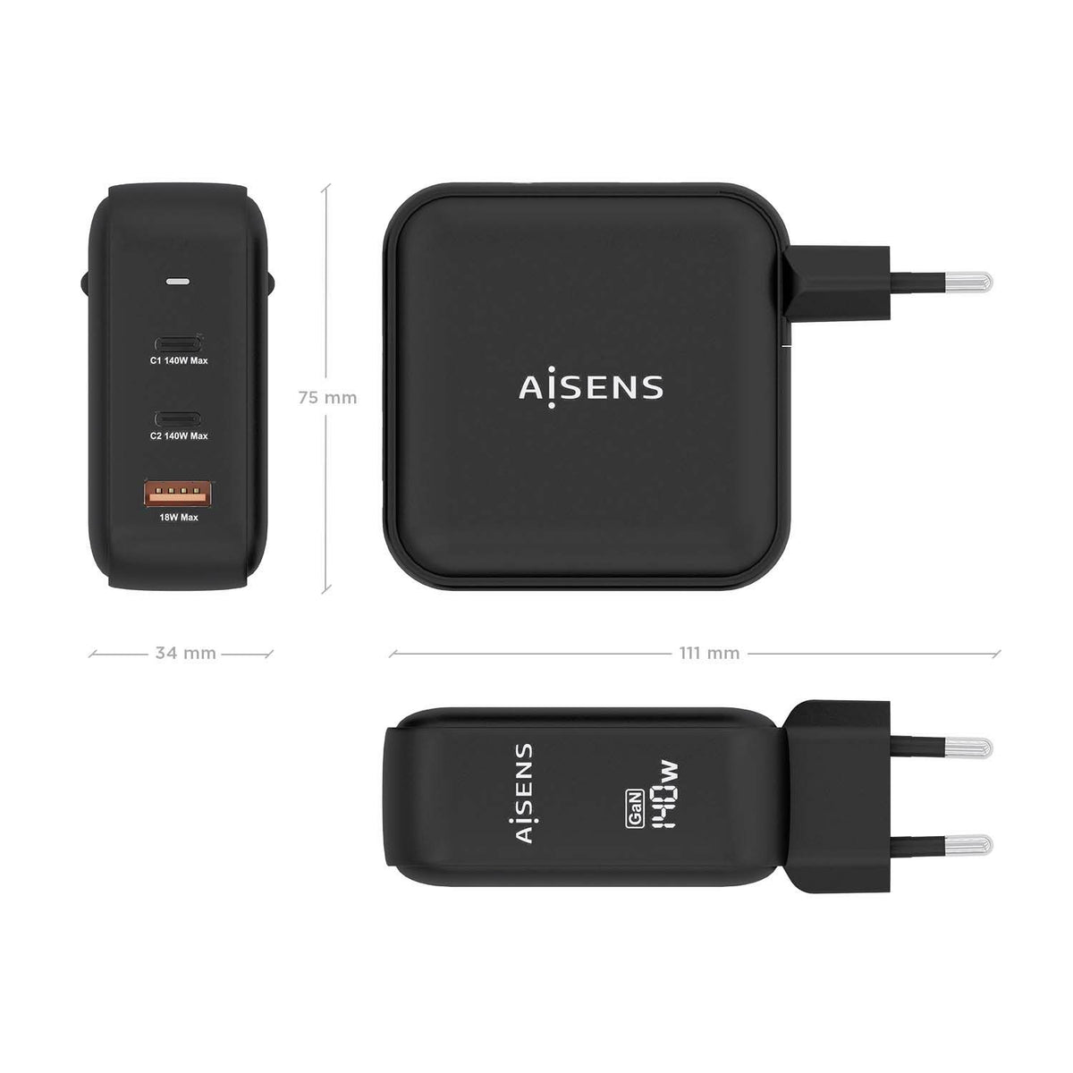 Cargador Pared AISENS 1USB-A 2USB-C (ASCH-140W3P031-BK)