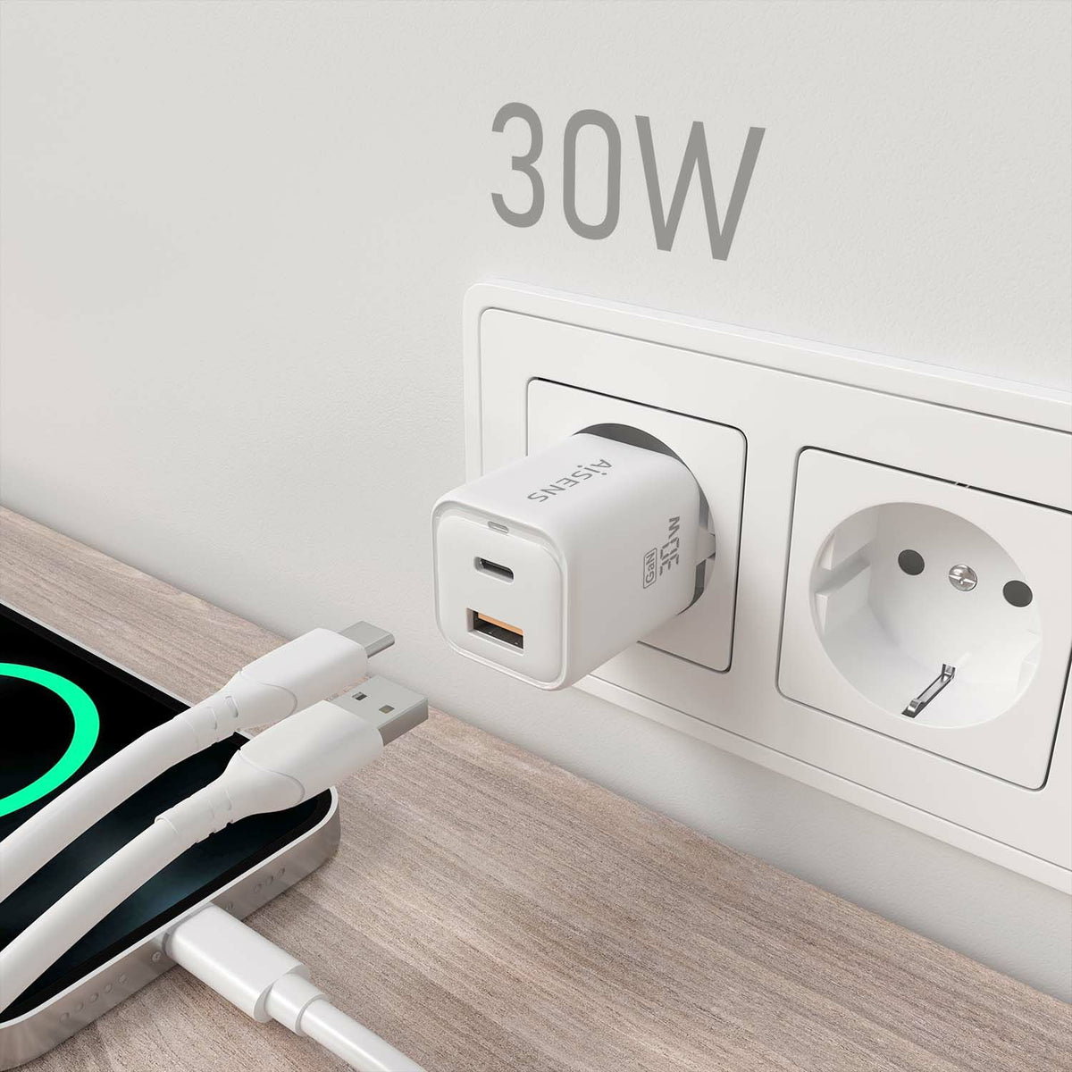 Cargador de Pared AISENS 30W Blanco (ASCH-30W2P020-W)