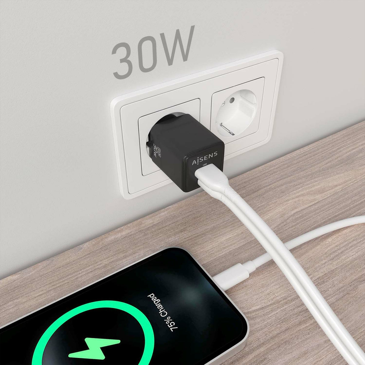 Cargador de Pared AISENS 30W Negro (ASCH-30W2P038-BK)