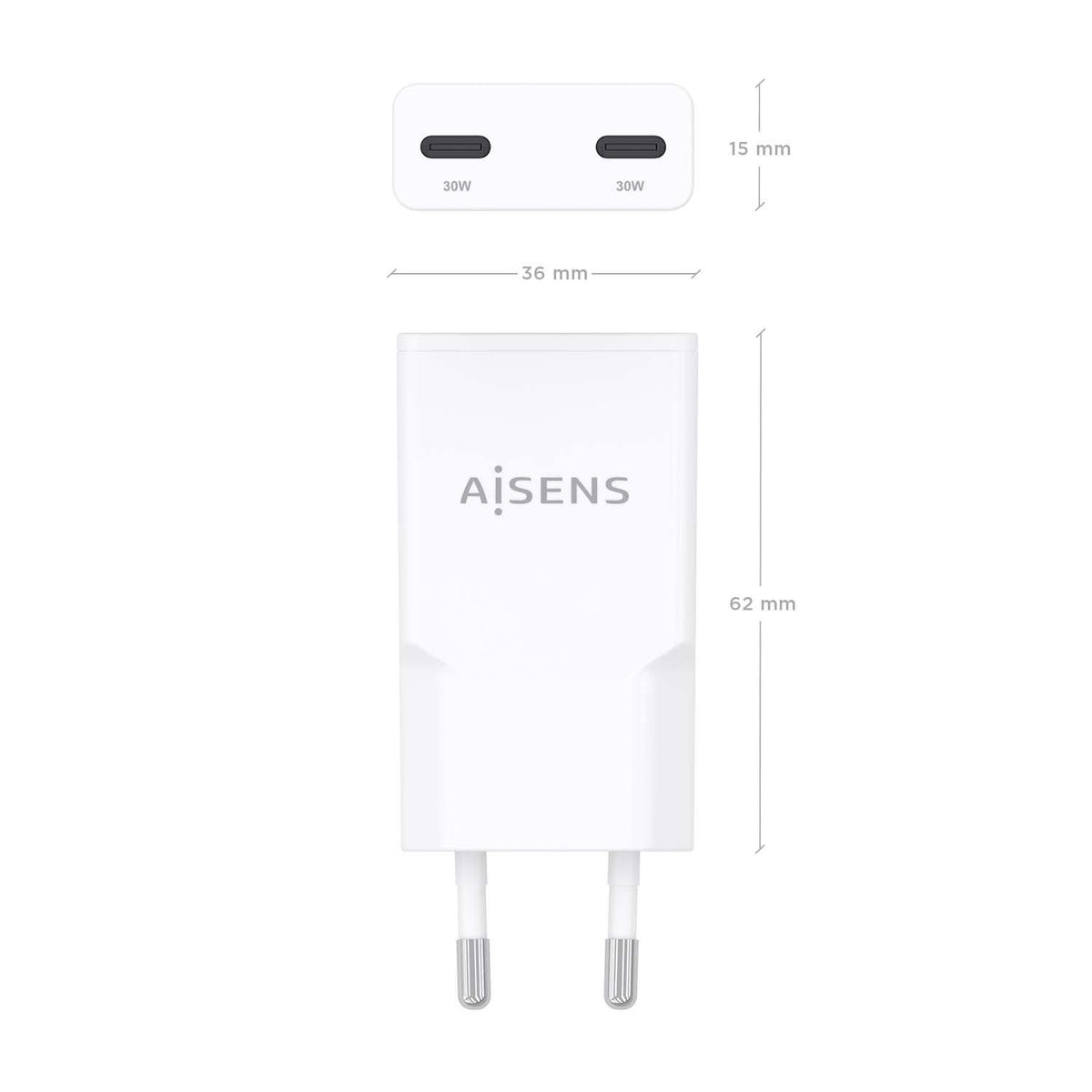 Cargador Pared AISENS USB-C 30W Blanco(ASCH-30W2P048-W)