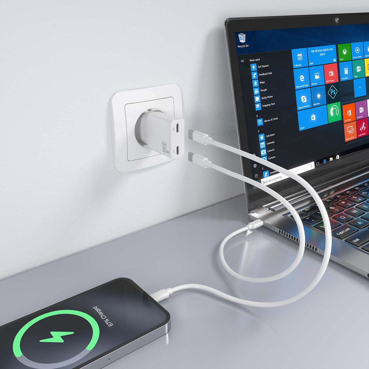 Cargador Pared AISENS USB-C 30W Blanco(ASCH-30W2P048-W)