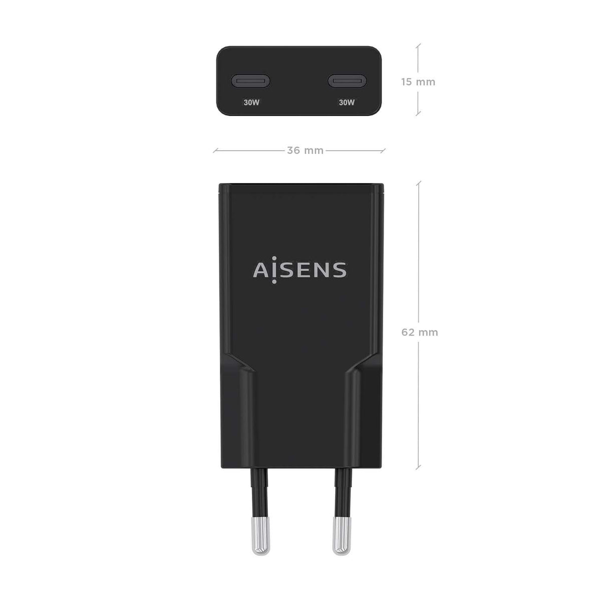 Cargador Pared AISENS 2USB-C 30W Negr(ASCH-30W2P049-BK)